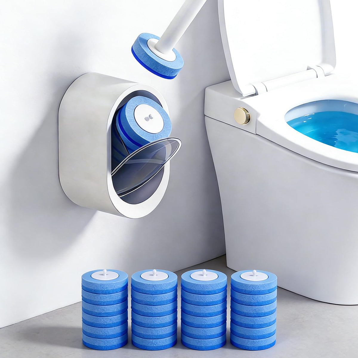 SOPAMI Disposable Toilet Brush and Holder Set with 16 Refills for Bathroom