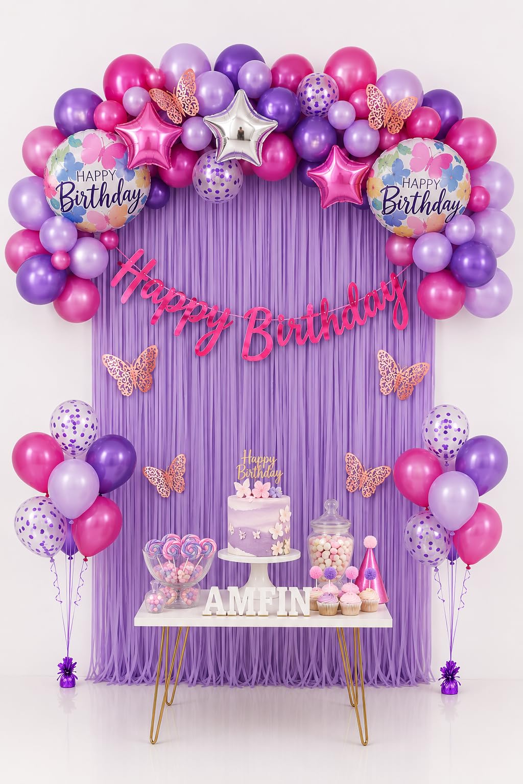 AMFIN (Pack of 43) Butterfly Theme Birthday Decoration Kit Metallic Finish Women Girls Item Purple Rainbow Flower
