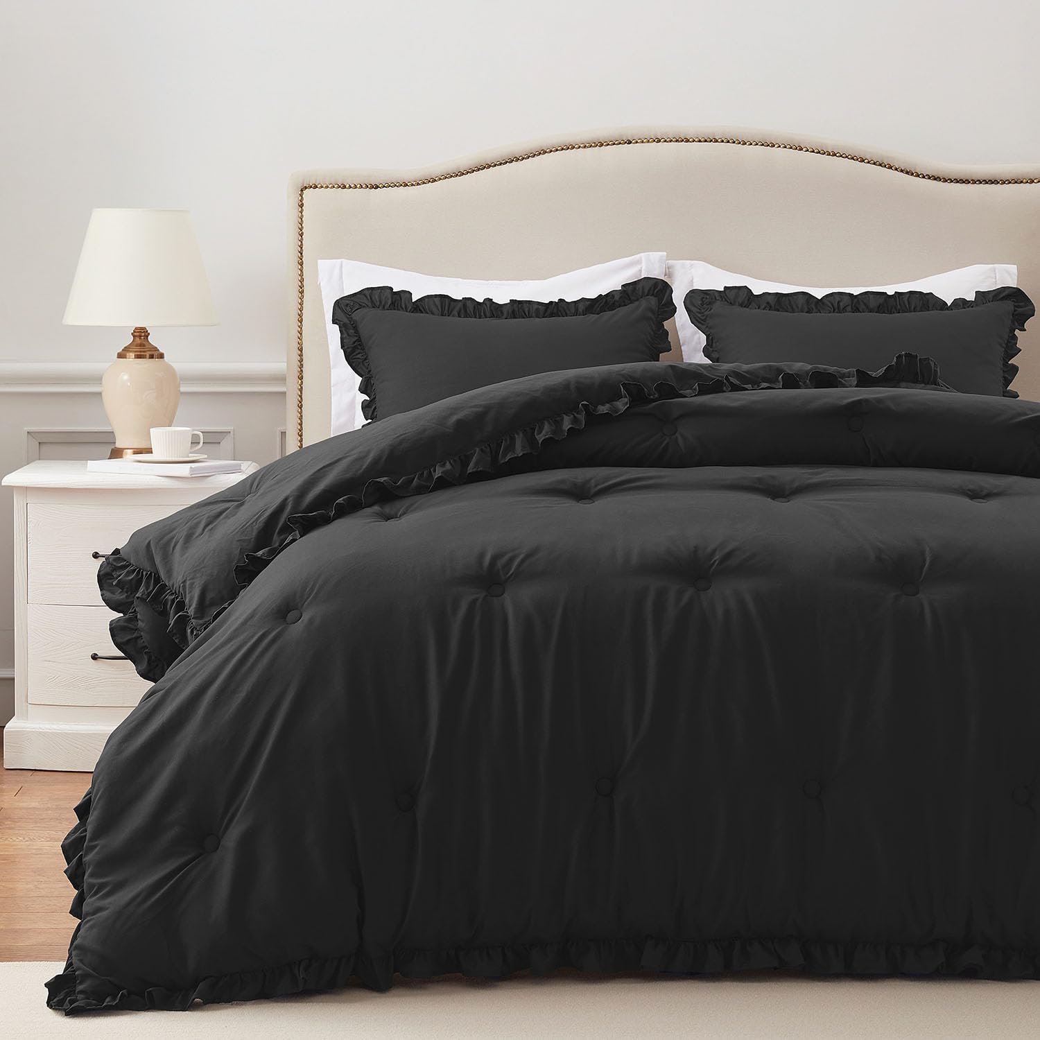 Harborest Full Comforter Set Black - Ruffle Comforter For Full Size Bed, Fluffy Full Size Comforter Set For All Seasons, 3 Piece