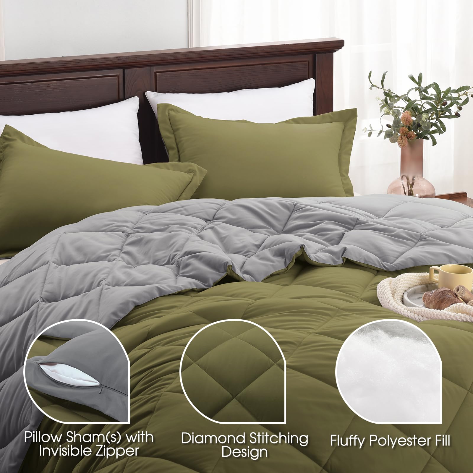 Basic Beyond Twin Comforter Set - Olive Green Comforter Set Twin, Reversible Twin Bed Comforter Set For All Seasons, Olive Green/Charcoal Gray, 1 Comforter (66'X92') And 1 Pillow Sham (20'X26'+2')
