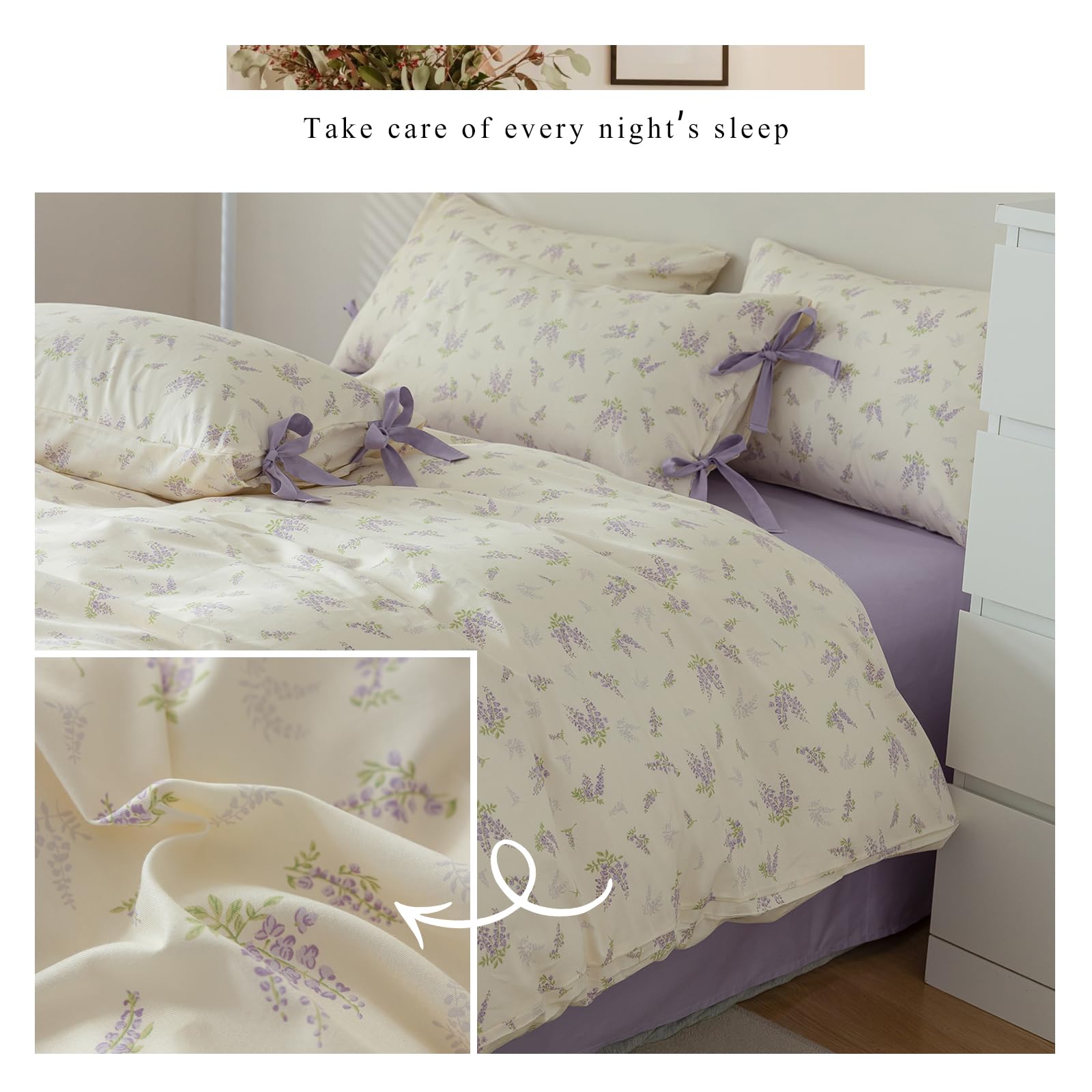 Cotton Duvet Cover King Chic Purple Floral Bedding Set Vintage Botanical Lavender Flower Duvet Cover Garden Style Lilac Floral C