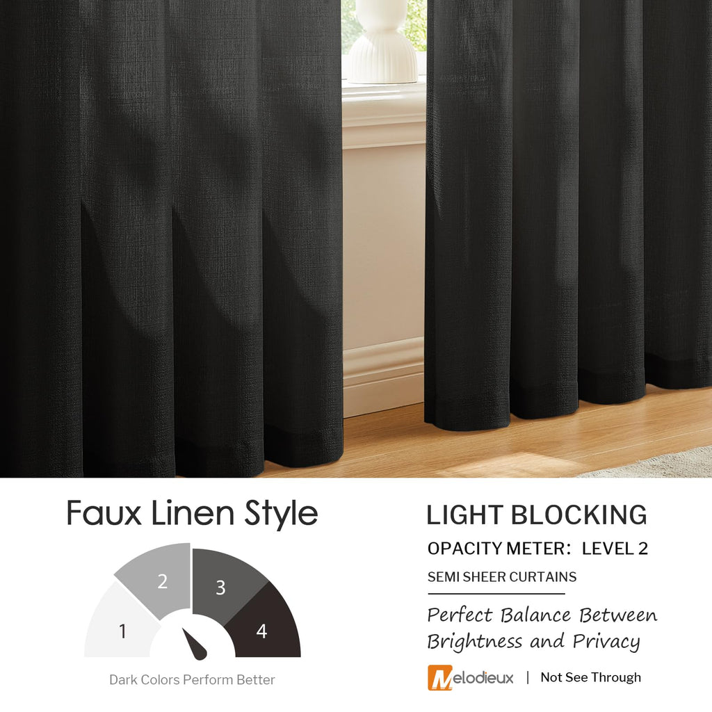 Melodieux Black Semi Sheer Curtains 72 Inches Long For Bedroom, Living Room Linen Look Privacy Window Rod Pocket Sheer Drapes, 5