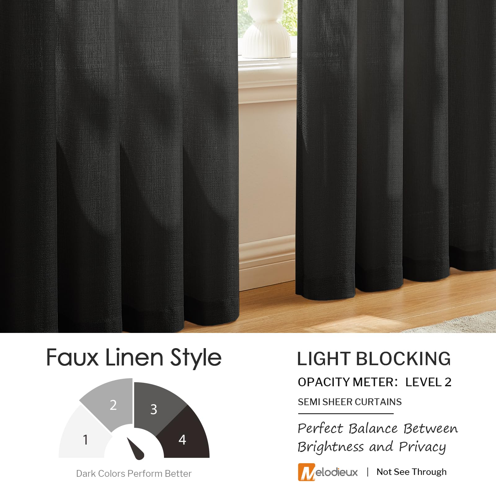 Melodieux Black Semi Sheer Curtains 72 Inches Long For Bedroom, Living Room Linen Look Privacy Window Rod Pocket Sheer Drapes, 5