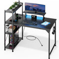 DOMICON Computer Desk with LED Light, 42-55 Inch Gaming Desk with Reversible Storage Shelves, Office Desk with Power Outlets Cor