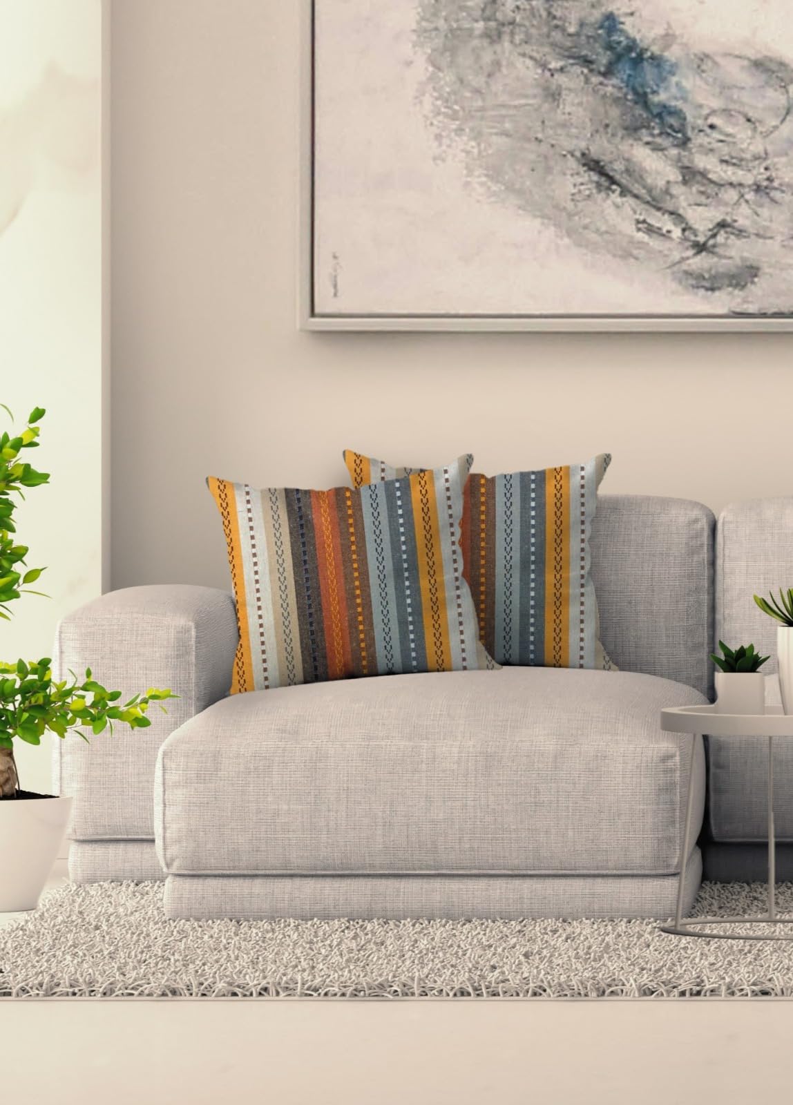 Knotting Home Cotton Salsa Stripe Cushion Cover Set Of 2 18X18 Inch Beige/Mustard Multicolour Large Square Throw Pillow Covers F