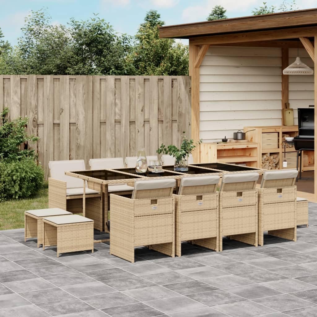 vidaXL 13 Piece Patio Dining Set with Cushions, Elegant Beige PE Rattan and Tempered Glass, Nested Storage, for Outdoor, Garden, Backyard, Patio