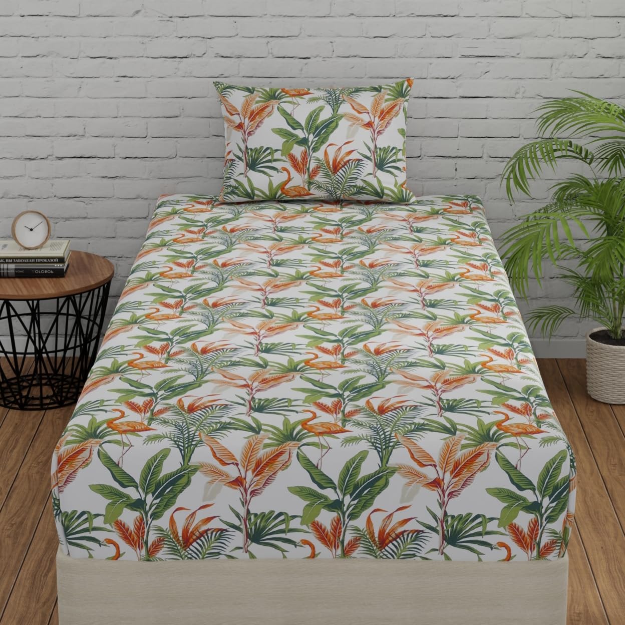 Huesland By Ahmedabad Cotton 144 Tc Single Cot Bedsheet Cotton With 1 Pillow Cover | Flamingos Orange
