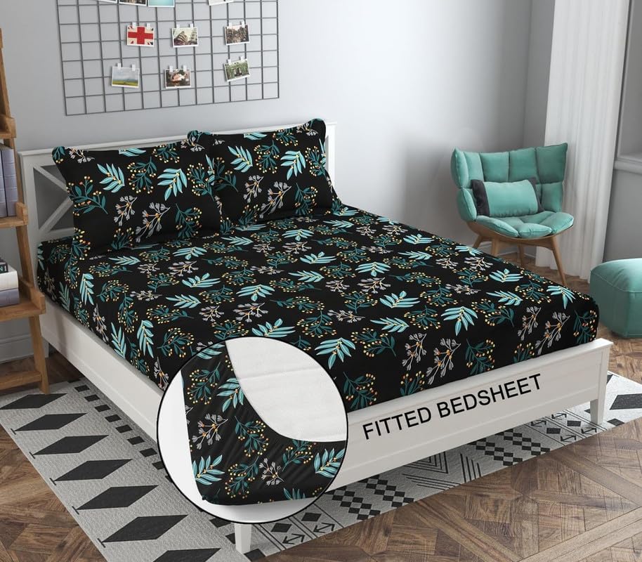 T Tungol Cotton Single Size Elastic Fitted Single Bedsheet (72x48x6) with 1 Pillow Covers (Flower on Grey)