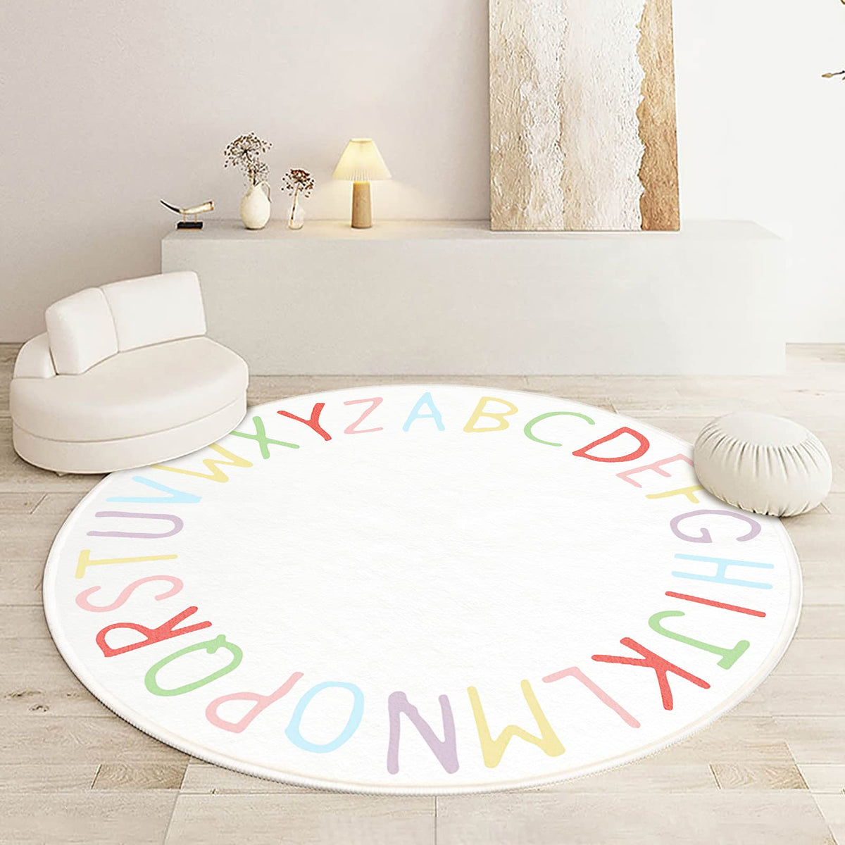 SHIPKEY Round Kids Rug, Play Rug for Kids, Colored Alphabet Nursery Area Rug, Kids Bedroom Rug, Non-Slip Mat, Carpet for Living