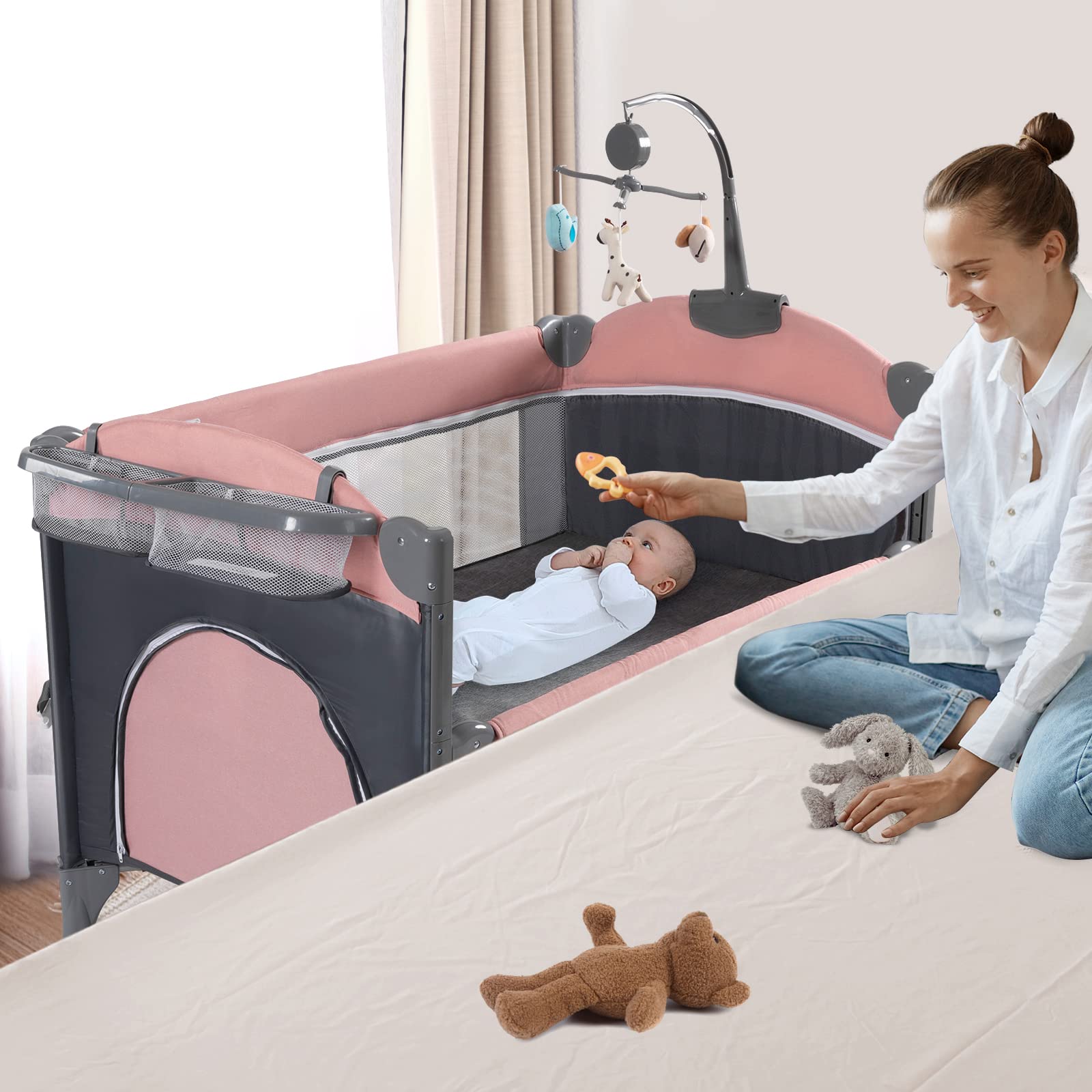5 in 1 Baby Crib,Baby Bassinet, Bedside Cribs, Pack and Play with Changing Table, Portable Travel bedToys & Music Box,Mattress f