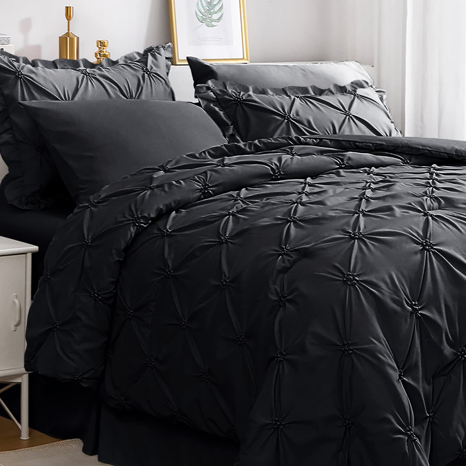 Jollyvogue King Size Comforter Set 7 Pieces, Black Bed In A Bag Comforter Set For Bedroom, Beddding Sets With Comforter, Sheets,