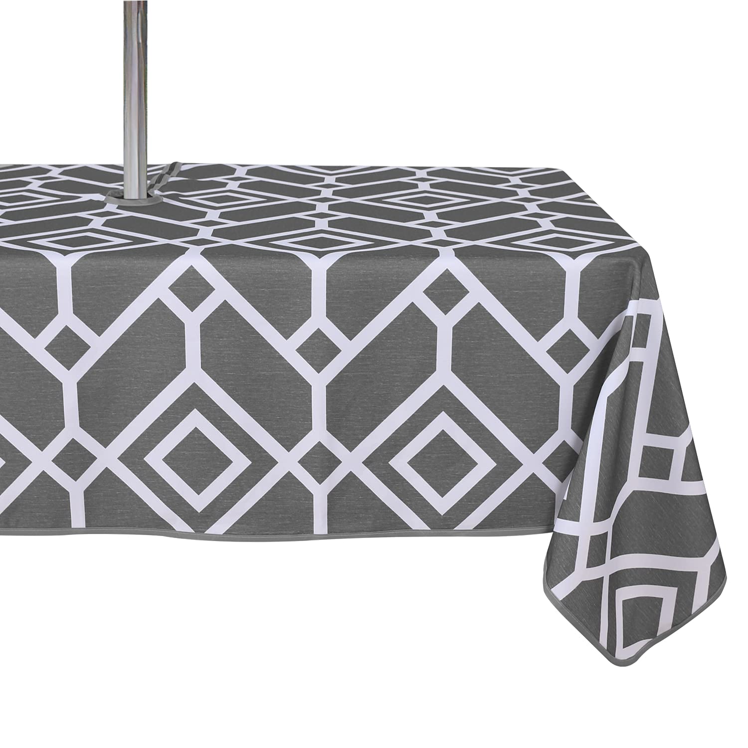 Lushvida Moroccan Outdoor Tablecloth With Umbrella Hole And Zipper, 60 X 102 Inch Grey, Rectangle Waterproof Wrinkle Free Table