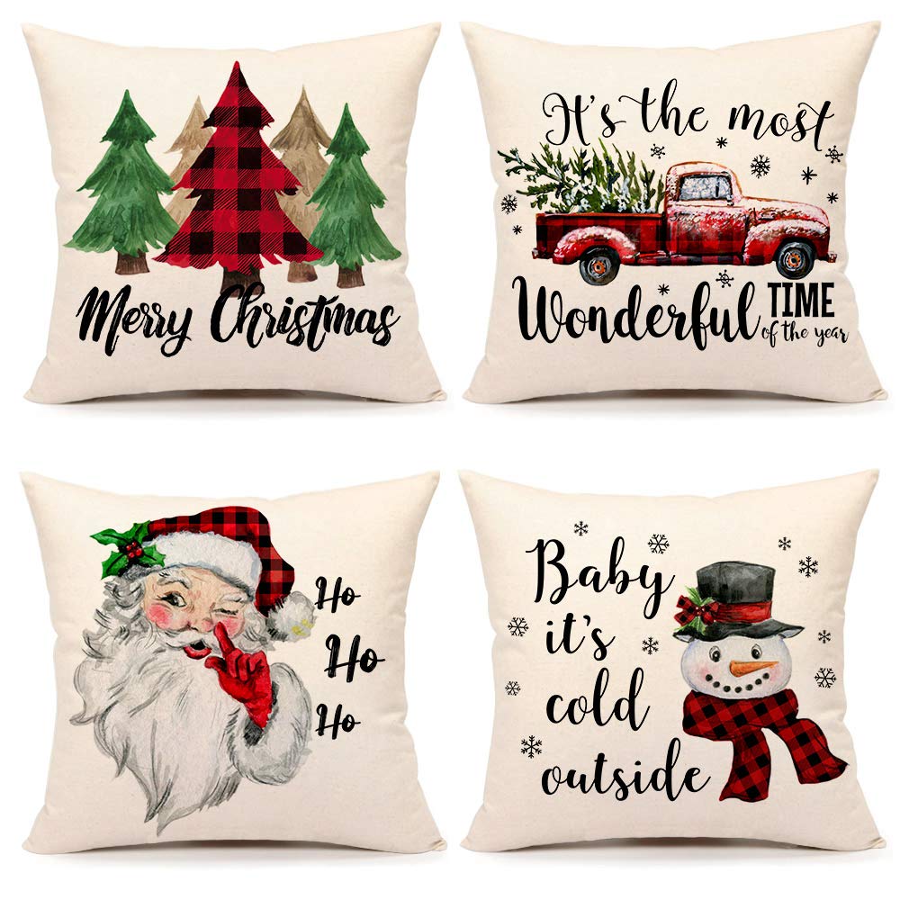 4Th Emotion Christmas Pillow Covers 18X18 Set Of 4 Farmhouse Christmas Decor Red Black Buffalo Plaids Winter Holiday Decorations