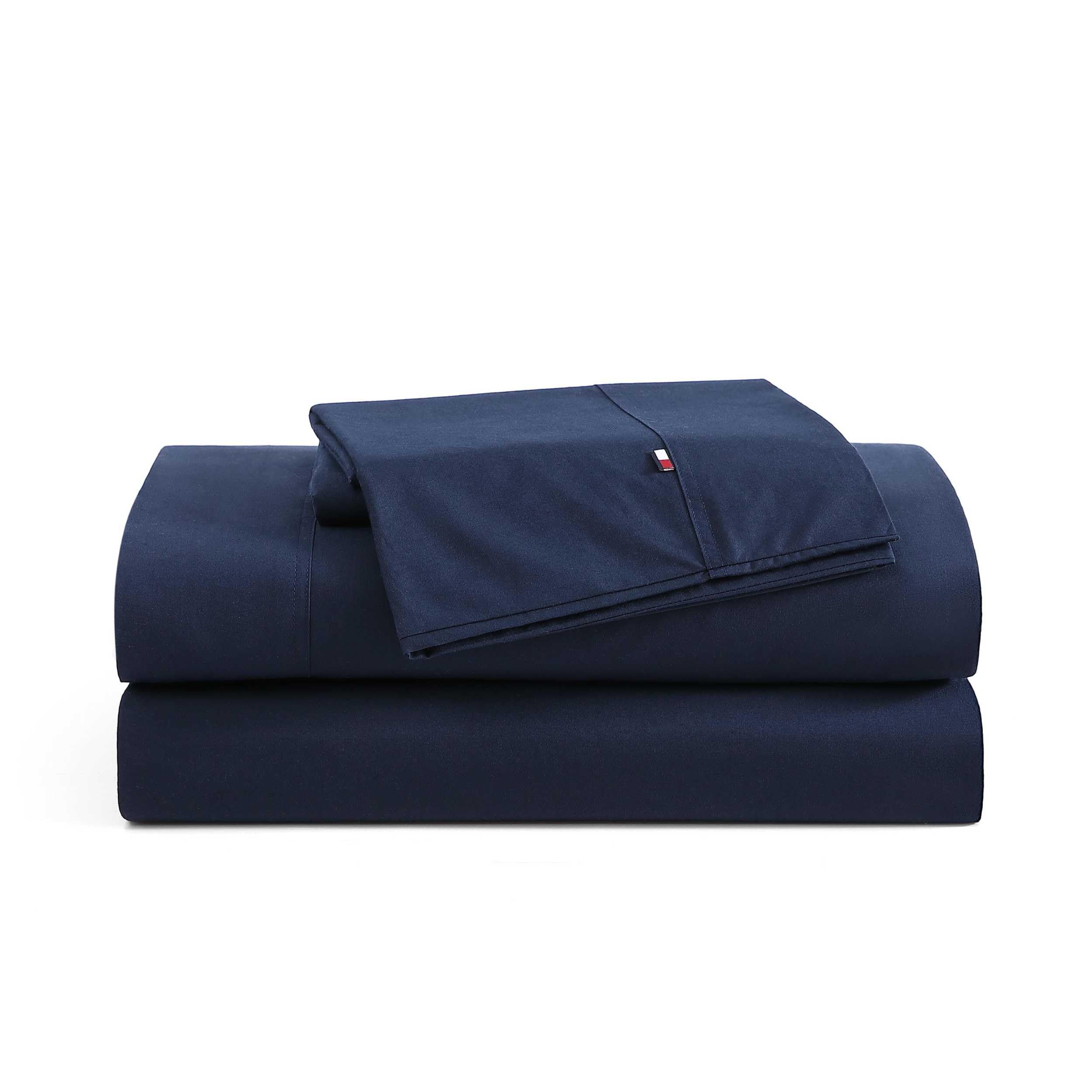 Tommy Hilfiger - Sheet Set, Cotton Percale Bedding with Matching Pillowcase, Crisp & Cool, Solid Home Essentials (Navy, Twin)