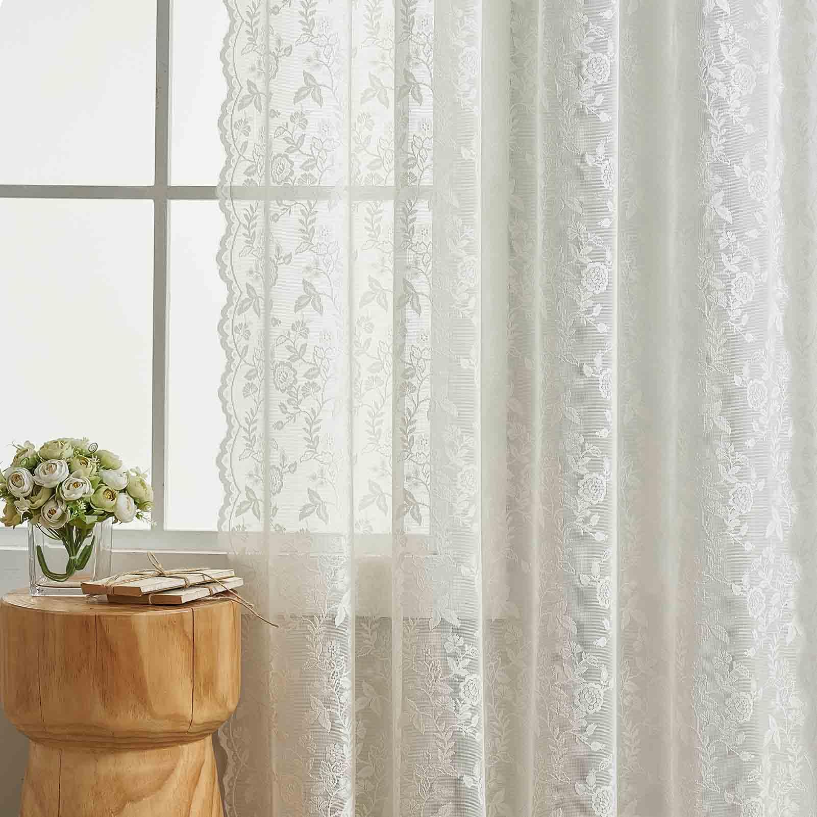 Finecity Extra Long Sheer Lace Curtains 120 Inches Long, Vintage Rustic Leaf Floral Knitted Lace Curtains For Living Room, Rod P