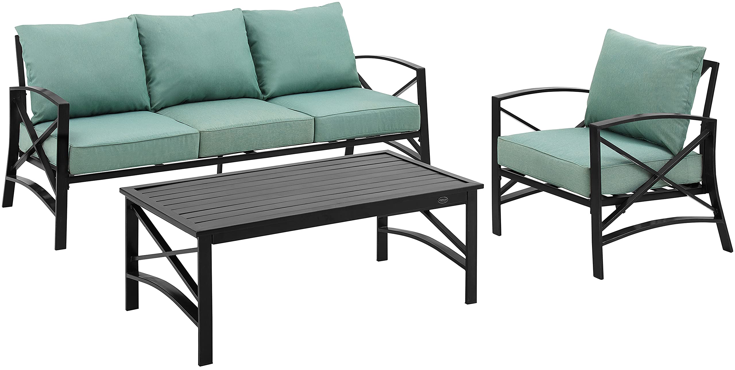 Crosley Furniture Kaplan 3-Piece Outdoor Sofa Patio Furniture Set, Conversation Sets For Porch, Deck, Oiled Bronze With Mist Cushions