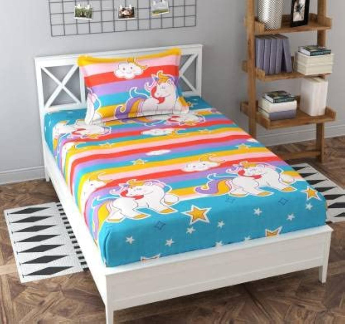 Kawi Single Bedsheet Elastic Fitted Glace Cotton With 1 Pillow Cover,200 Tc (Size 72X48X Up To 8 Inches Mattress)  Multi Color