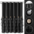 Seasonwood Black Ruffle Shower Curtain Farmhouse Style Black Fabric Shower Curtain Nature Button Shabby Chic Ruffles And French