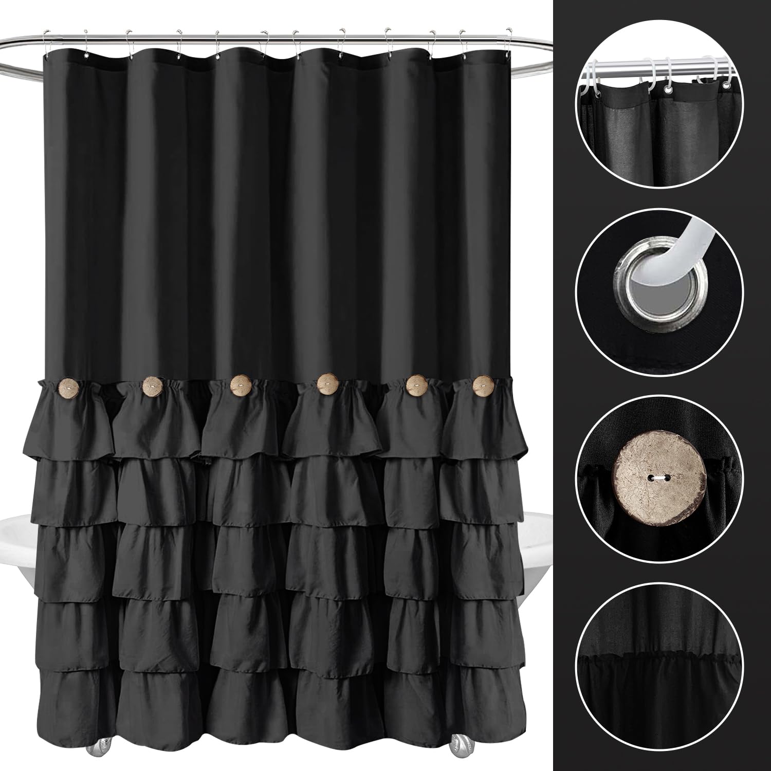 Seasonwood Black Ruffle Shower Curtain Farmhouse Style Black Fabric Shower Curtain Nature Button Shabby Chic Ruffles And French