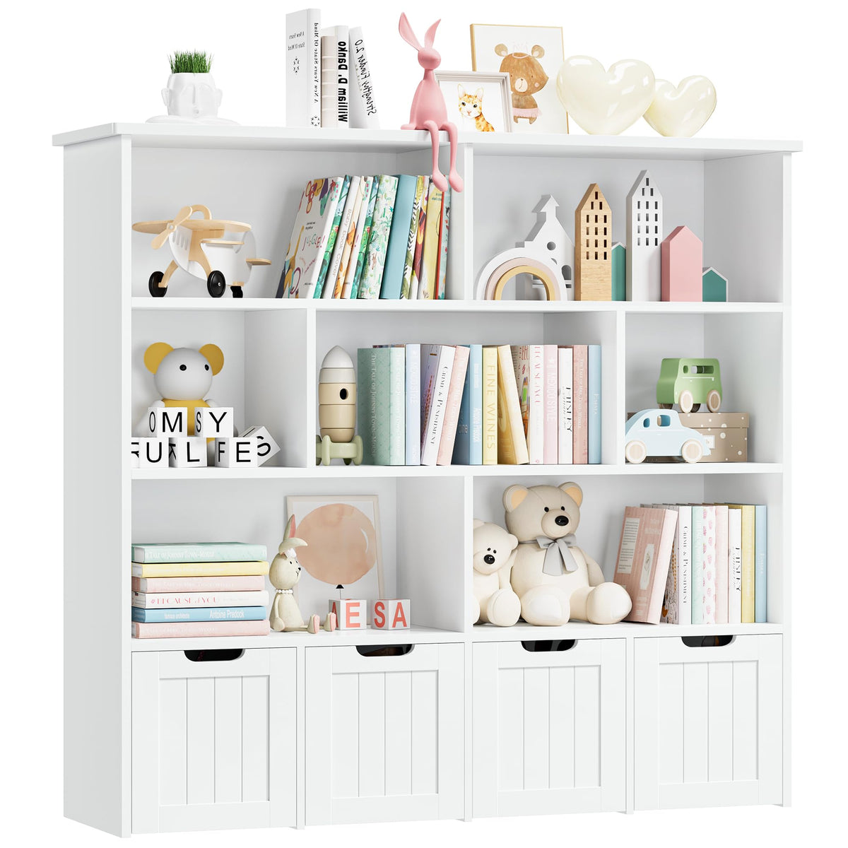 Finetones Toy Storage Organizer, Large Toy Organizers And Storage With 4 Movable Drawers And 7 Storage Cubbies, Toy Chest Shelf Organizer With Hidden Wheels, Kids Bookshelf And Toy Storage, White