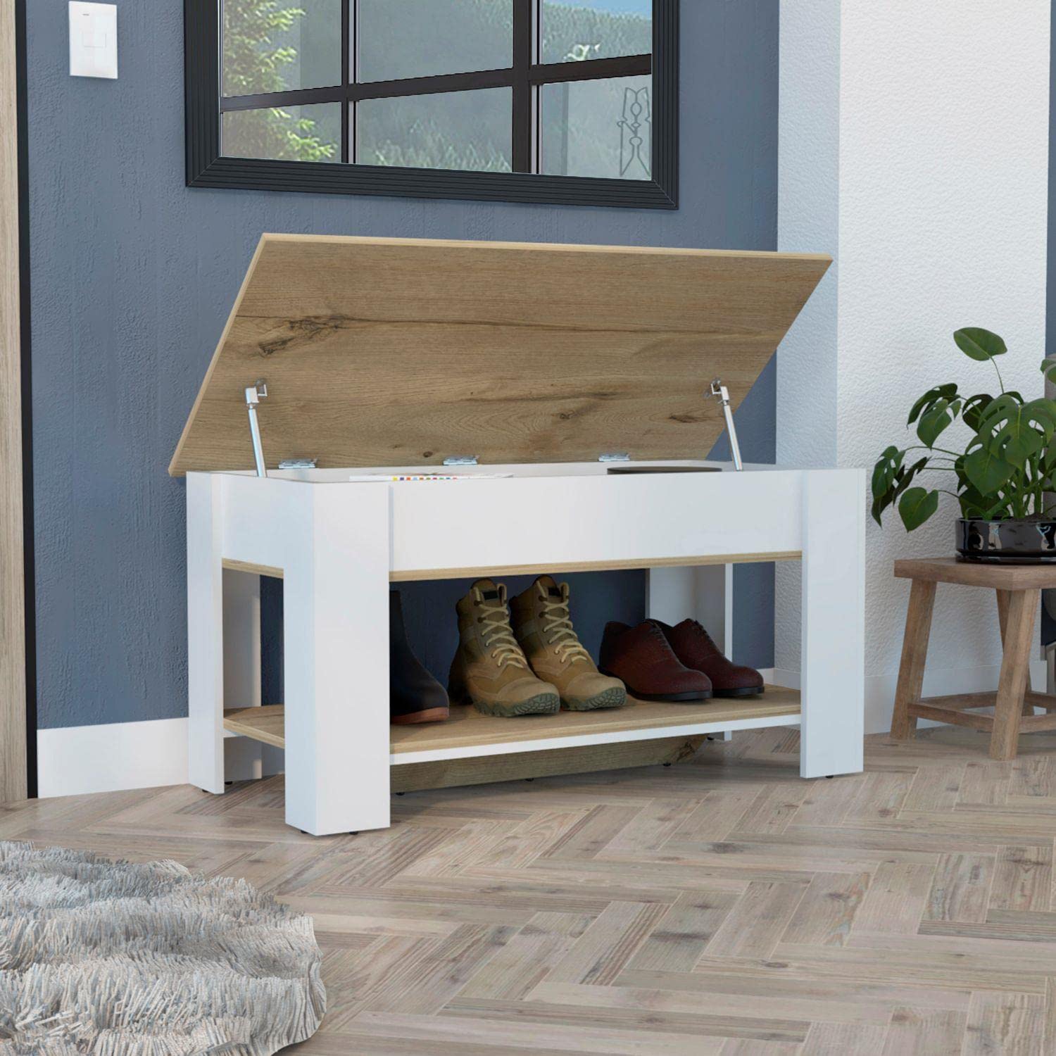 Saturn Storage Table, 4 Legs, Lower Shelf, Light Oak/White