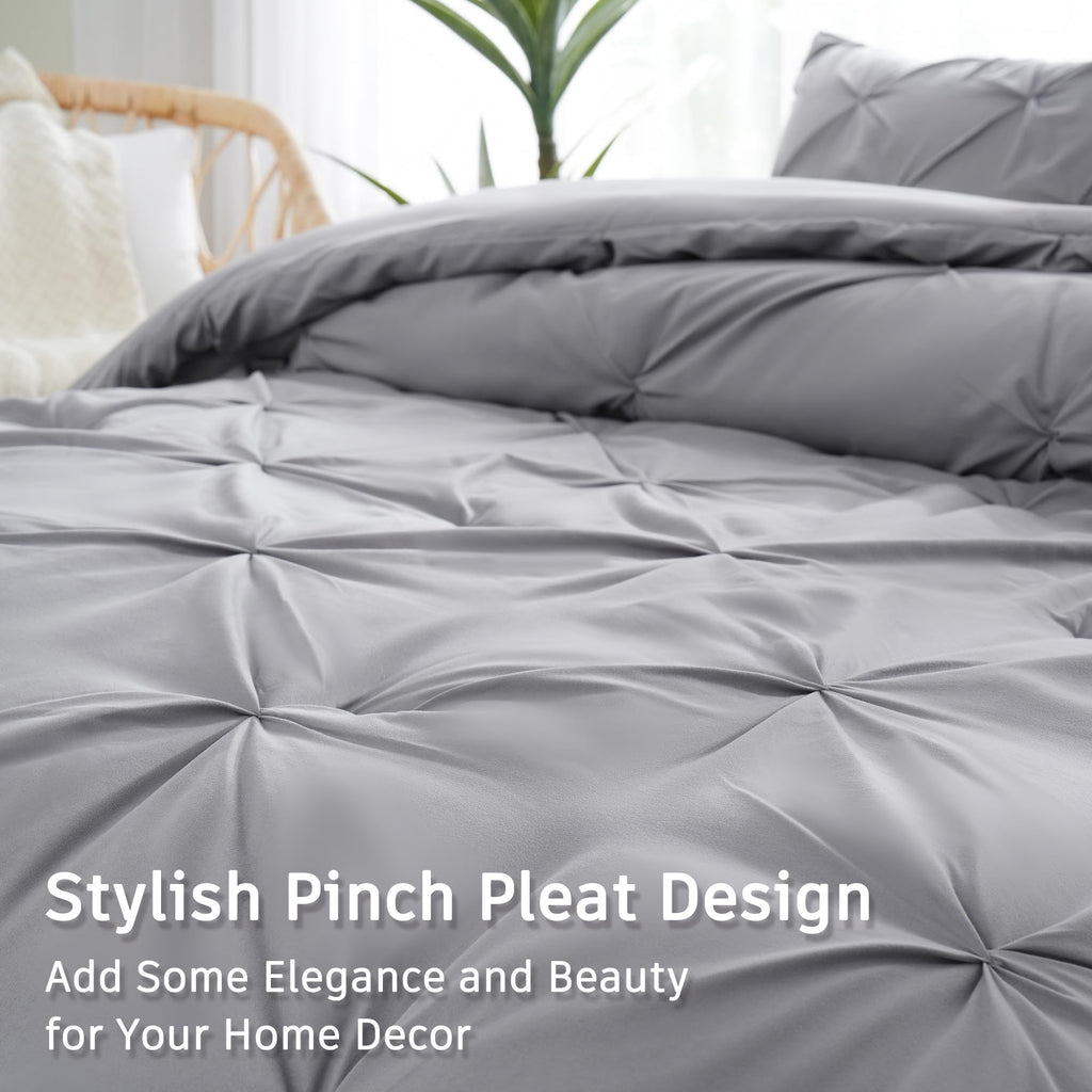 Downcool King Size Comforter Set - Grey Comforter King Size, Pintuck 3-Piece Bedding Comforter Sets, 1 Pinch Pleated Comforter &