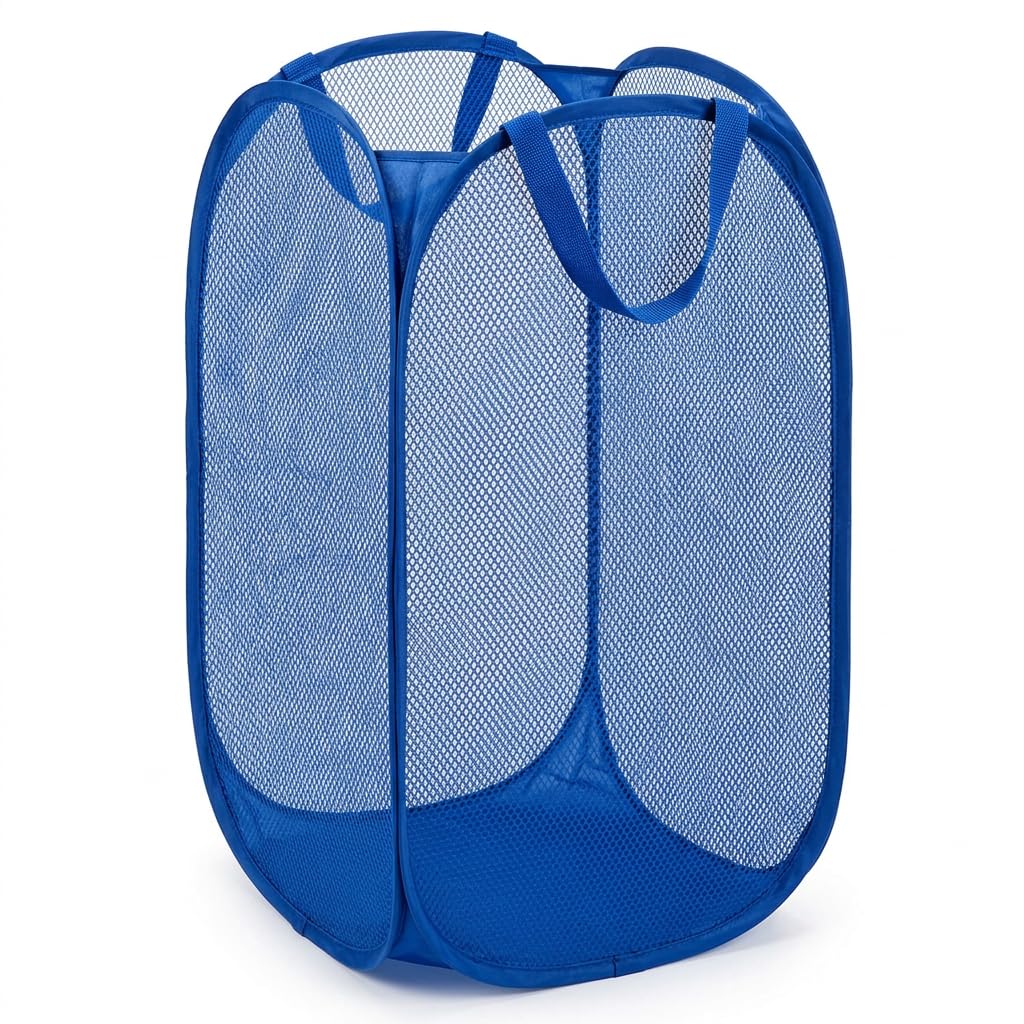 ZCFLCK Mesh Pop Up Laundry Hamper, Foldable Basket with Side Pocket Blue