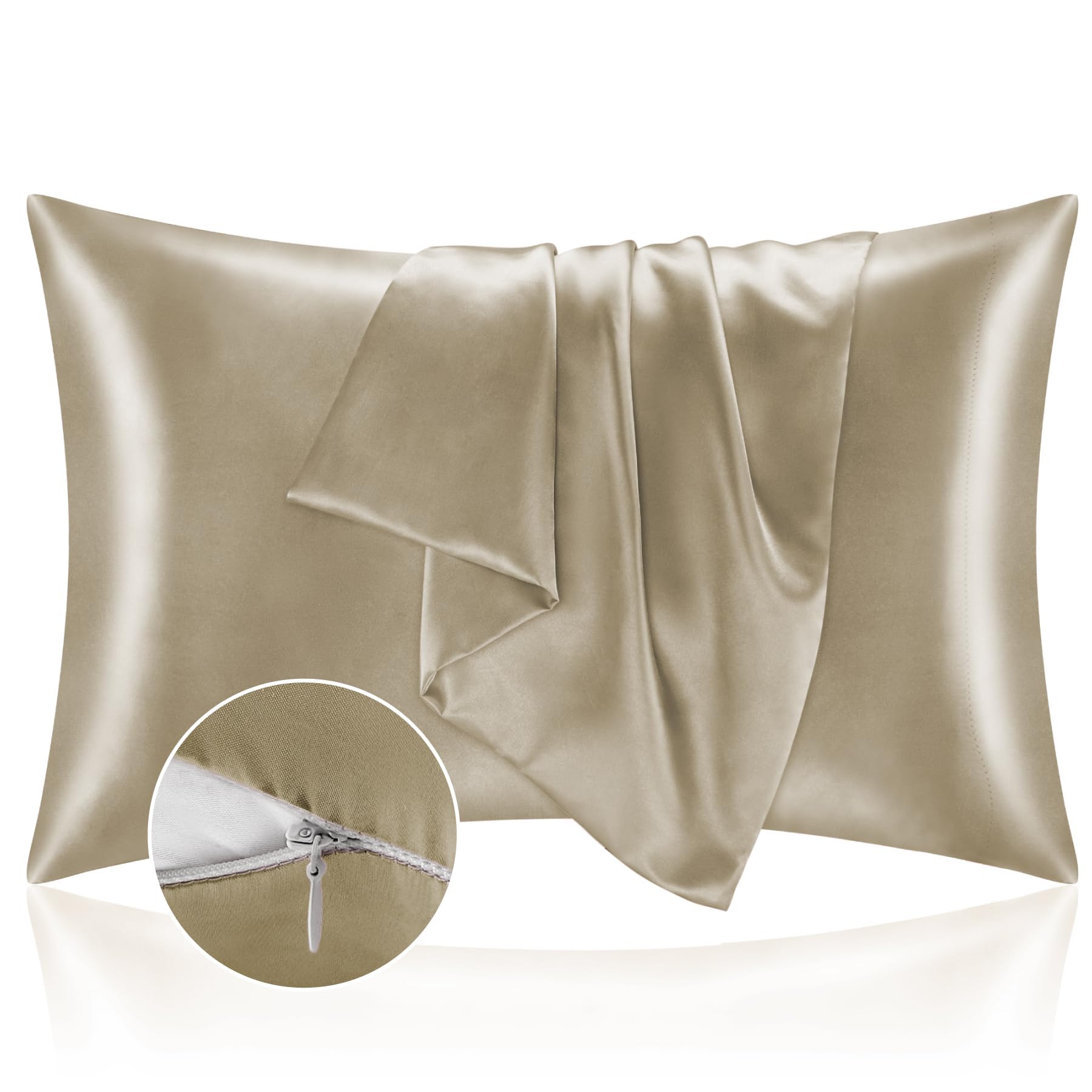 Bedelite Satin Pillowcase With Zipper 2 Pack, Taupe Pillow Cases Standard Size, Super Soft And Cooling Similar To Silk Pillow Ca