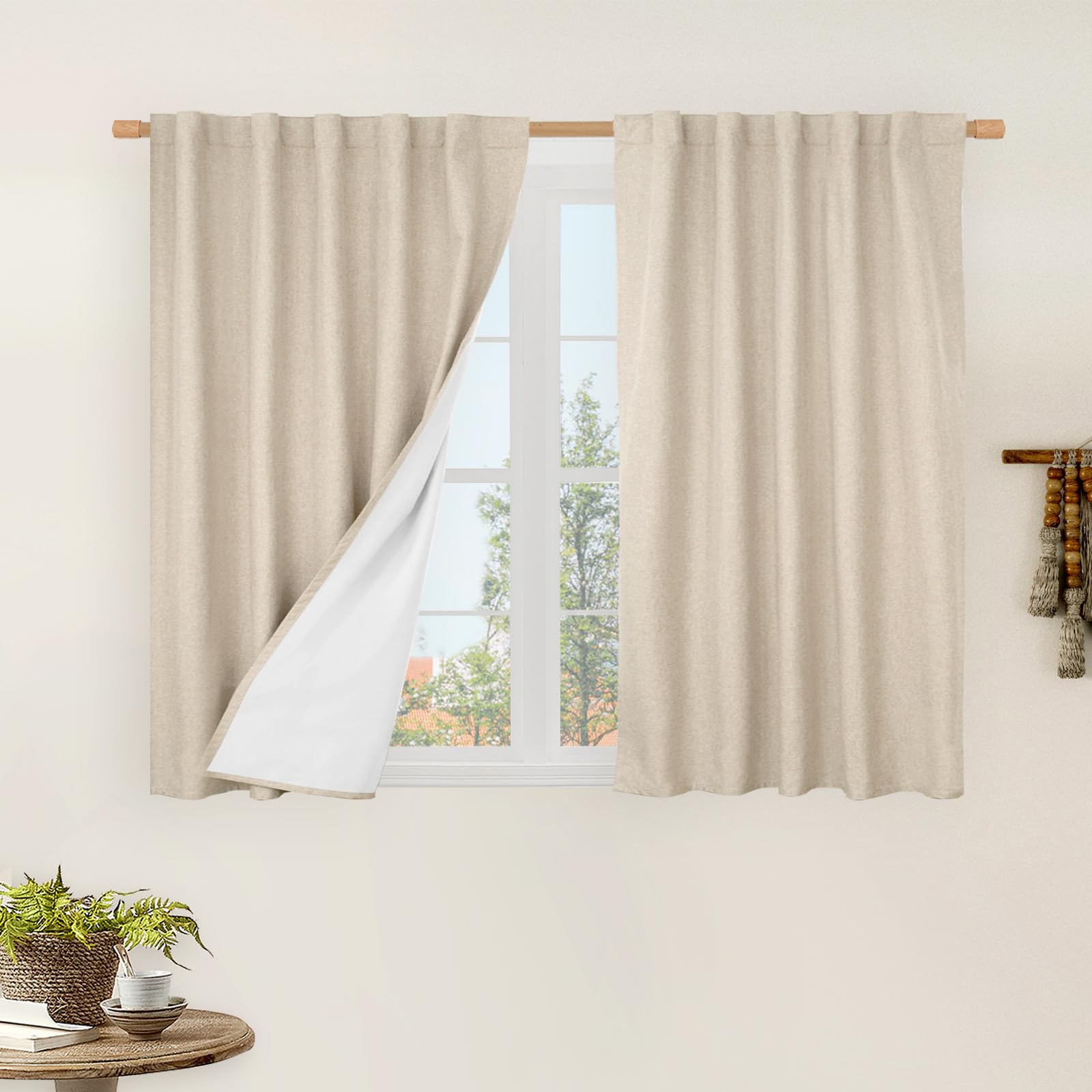 LAMIT 100% Blackout Short Linen Curtains for Cafe, 40 Inch Length Linen Textured Thermal Curtains Back Tab and Rod Pocket Neutra