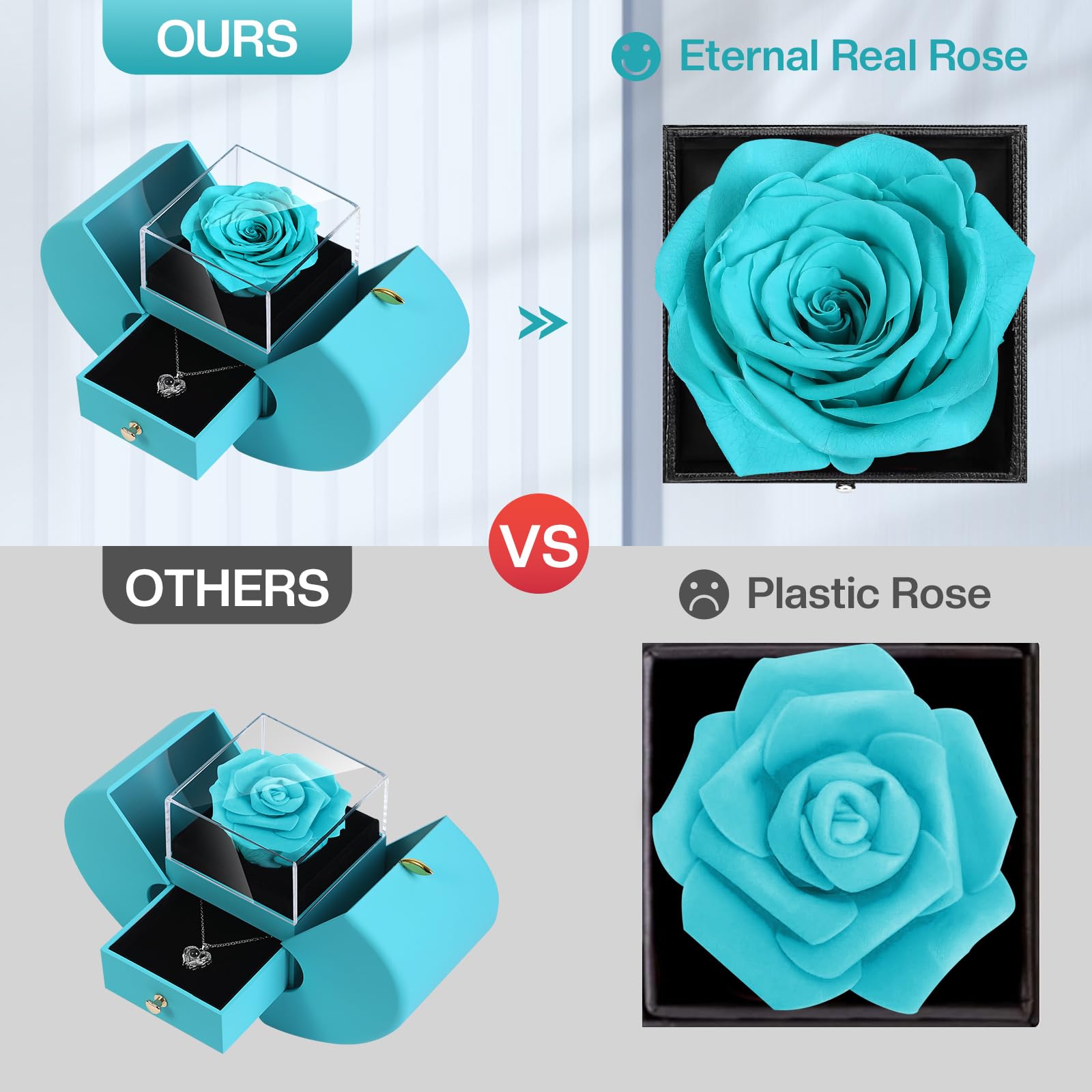 Preserved Real Cyan Rose Gift With I Love You In 100 Languages Necklace, Cute Gifts For Girlfriend, Women, Mom, Wife, Gifts Idea