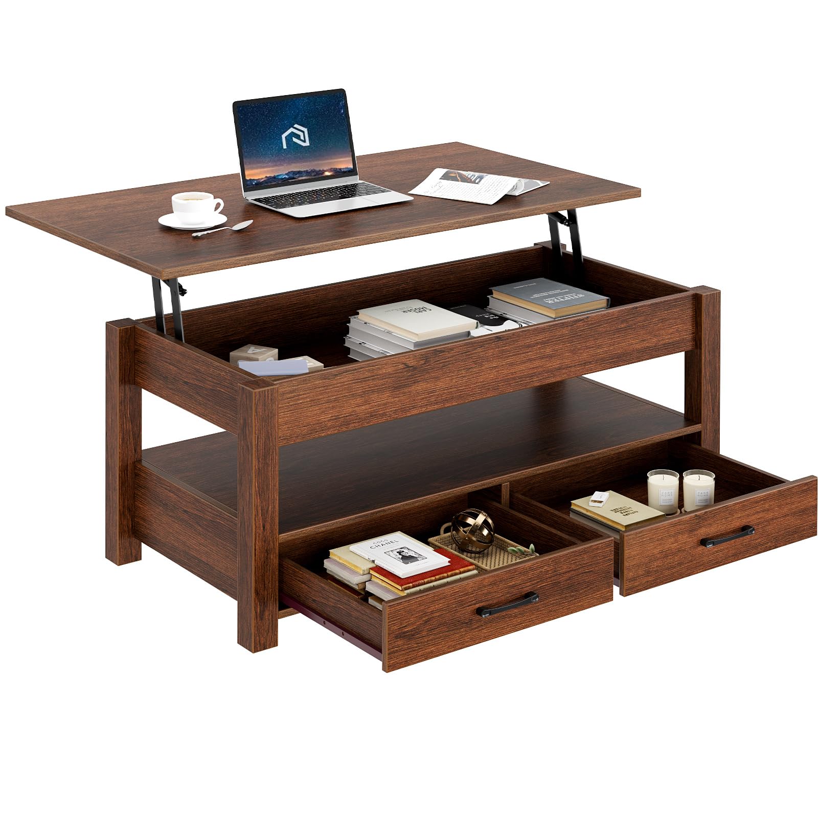 Rolanstar Coffee Table, Lift Top Coffee Table With Drawers And Hidden Compartment, Retro Central Table With Wooden Lift Tabletop, For Living Room,Espresso