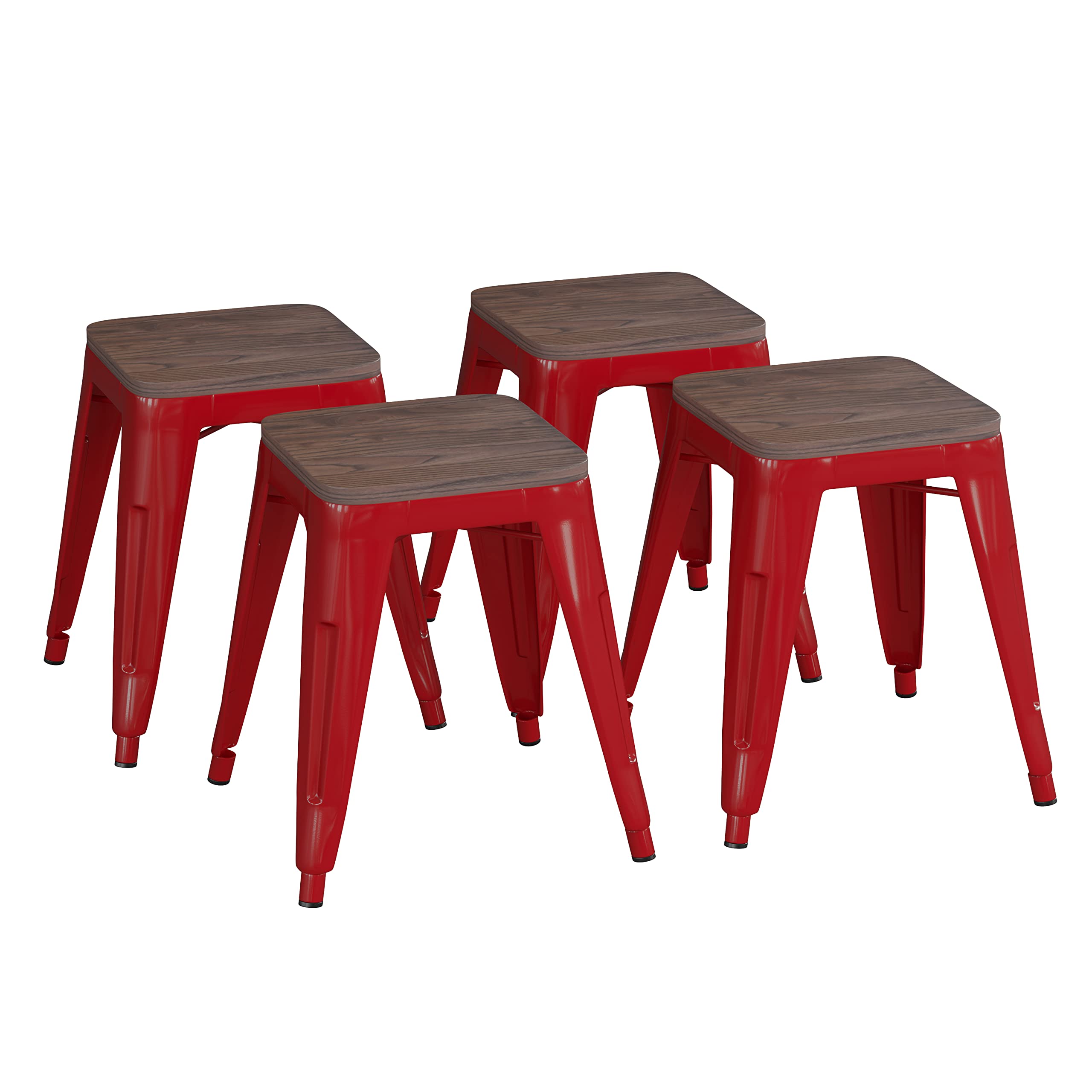 Flash Furniture Metal Dining Table Height Stool with Wooden Seat Set of 4 - Backless Red Kai Commercial Grade Stool - Kai 18 Sta