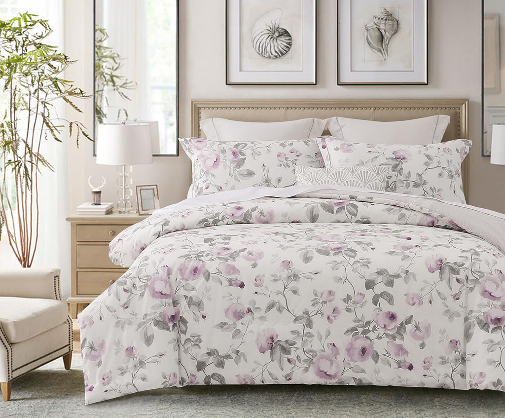 Sleepbella Comforter King Size, 600 Thread Count Cotton White Print With Purple Flowers Reversible Comforter Sets, Down Alternat