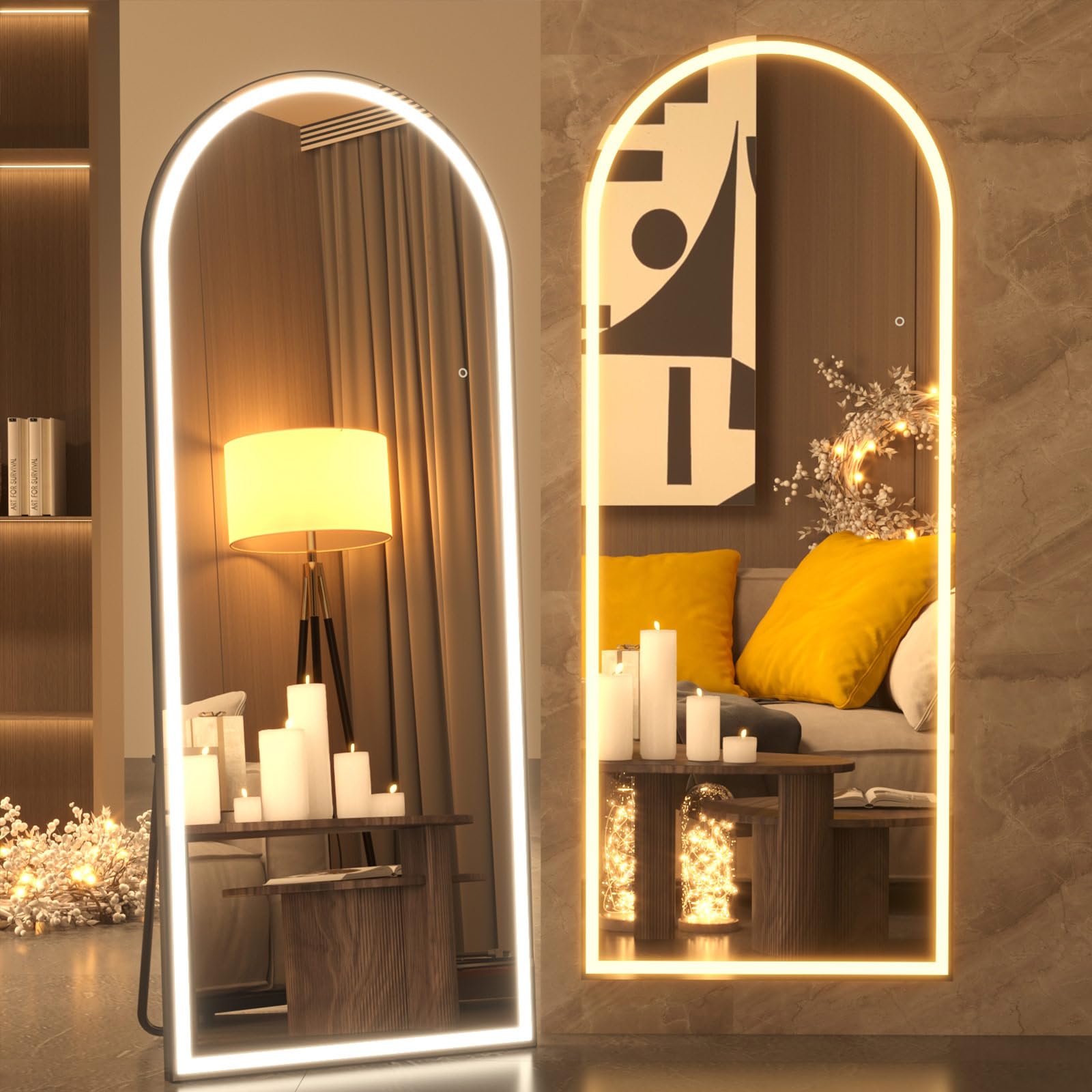 pertetey 83X36 Inch LED Arched Full Length Mirror with Lights, Black Frame Lighted Floor Mirror, Dimmable & 3 Color Modes LED Fu