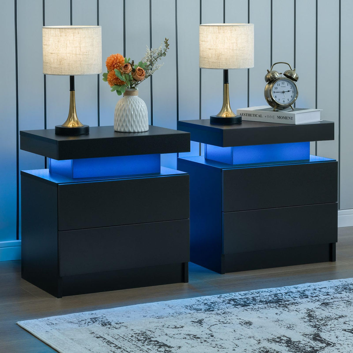 I-Aplus Nightstand Set Of 2 Led Nightstand With 2 Drawers, Bedside Table With Drawers For Bedroom, Side Bed Table With Led Light, Black