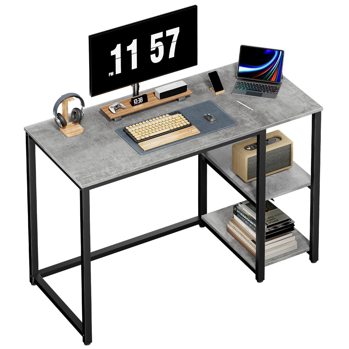 Sinpaid Computer Desk 40 Inches With 2-Tier Shelves Sturdy Home Office Desk With Large Storage Space Modern Gaming Desk Study Writing Laptop Table, Gray Desk