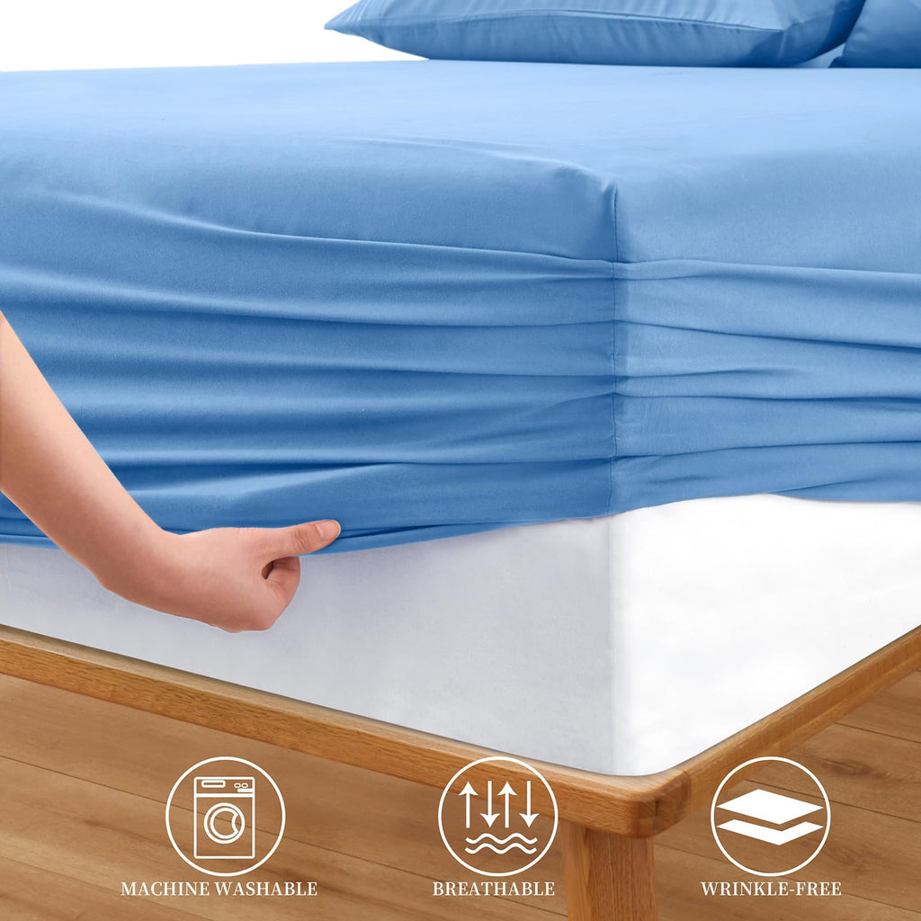 Horbaunal Extra Deep Pocket King Fitted Sheet Only - Fits Up To 24 Inch Mattress - Luxury 1800 Thread Count - Microfiber Blue Fi