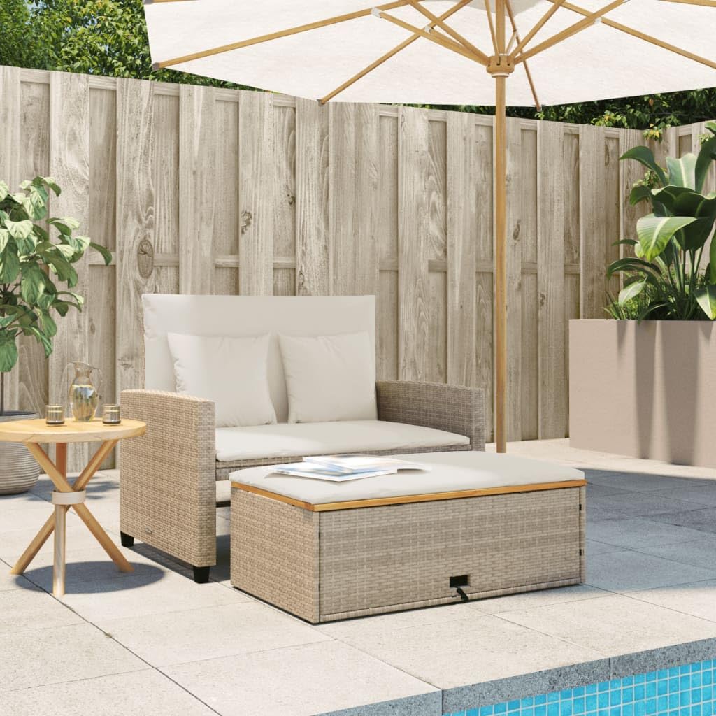 vidaXL Patio Sofa with Cushions - 2-Seater Beige Poly Rattan & Acacia Wood - Convertible Bench/Sofa Bed - Outdoor Garden Deck Furniture with Footstool & Storage