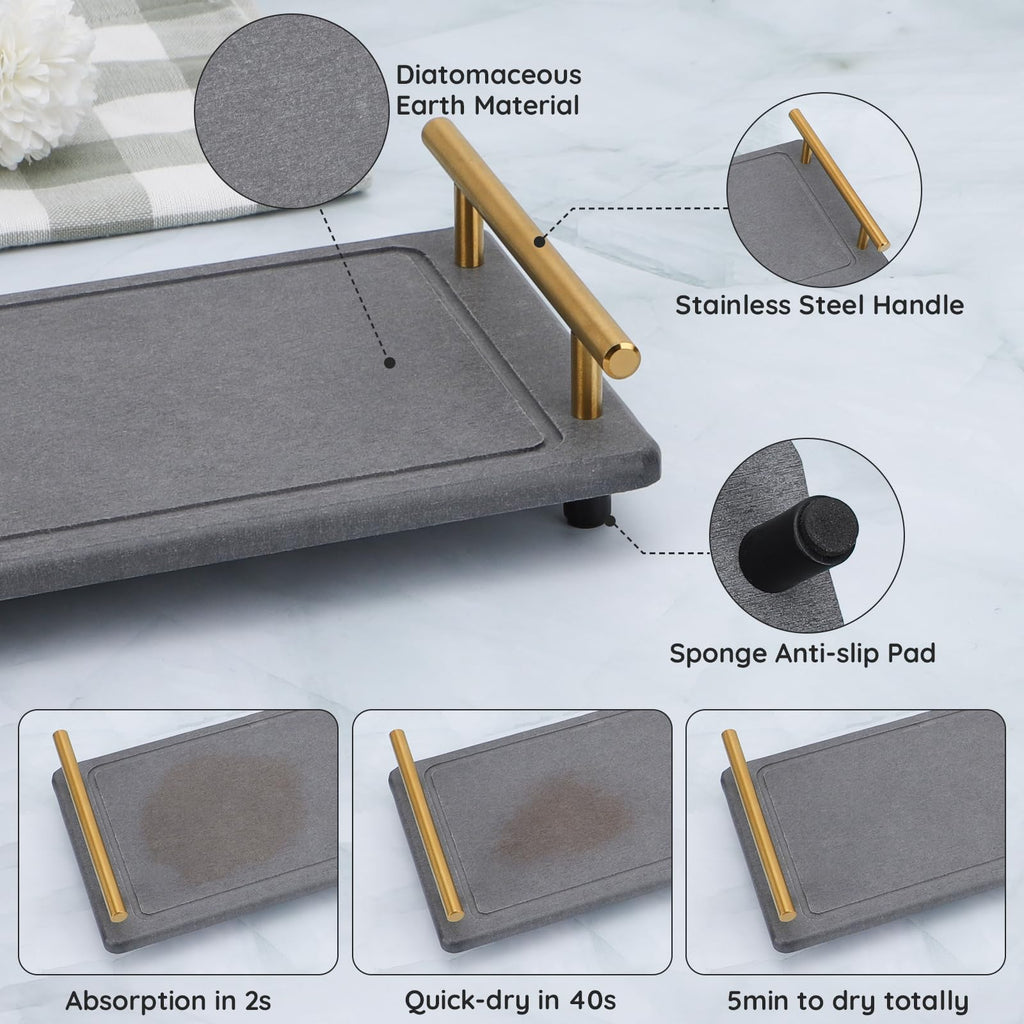 Segbeauty 12X6 Bathroom Counter Tray, Quick Dry Water Absorbing Stone Drying Tray With Handle, Fast Drying Diatomaceous Bathroom