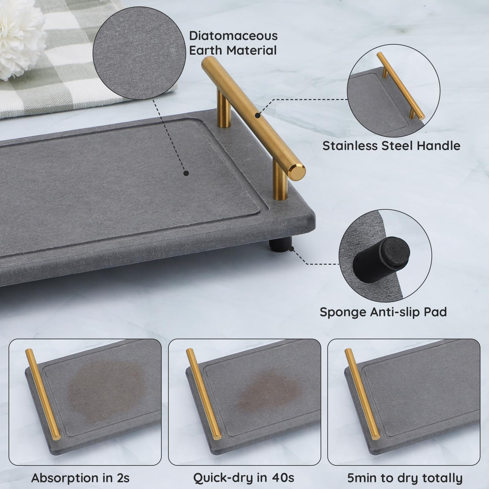 Segbeauty 12X6 Bathroom Counter Tray, Quick Dry Water Absorbing Stone Drying Tray With Handle, Fast Drying Diatomaceous Bathroom