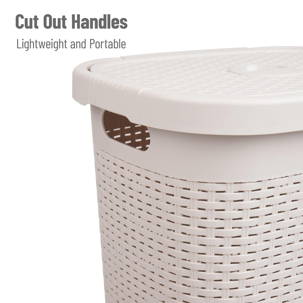 Mind Reader 50L Slim Laundry Hamper, Clothes Basket, Lid, Wicker Design, Plastic, 17.65'L X 13.75'W X 21'H, Ivory