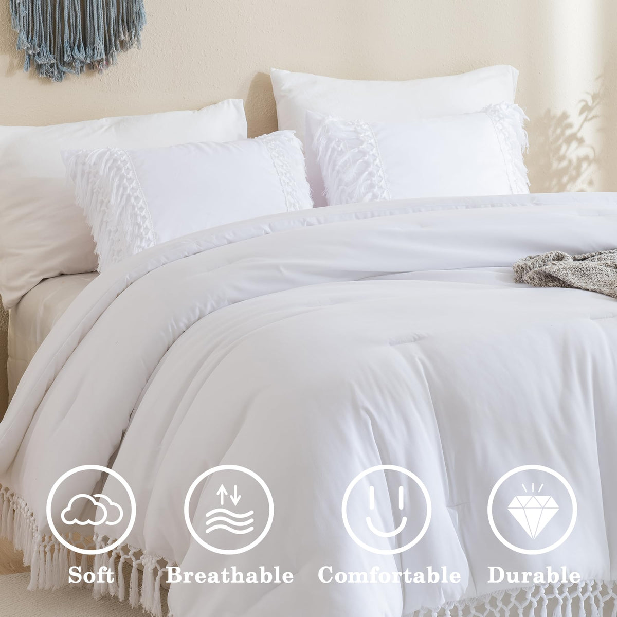 Andency White Full Size Comforter Set, 3 Pieces Boho Tassel Lightweight Soft Bedding Comforter Sets, All Season Fluffy Fringe Bed Set (79X90In Comforter & 2 Pillowcases)