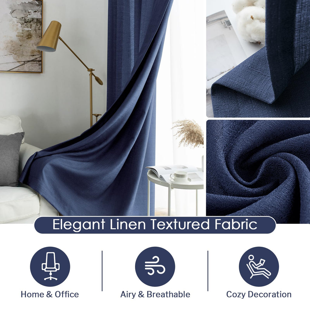 Melodieux Navy Semi Sheer Curtains 45 Inch Length For Bedroom Kitchen Small Windows, Linen Look Rod Pocket Privacy Sheer Drapes,
