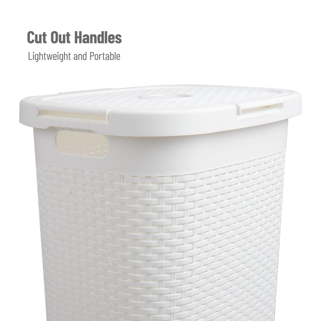 Mind Reader 60L Slim Laundry Hamper, Clothes Basket, Lid, Wicker Style, Plastic, 17.65''L X 13.75''W X 24.15''H, Set Of 2, White
