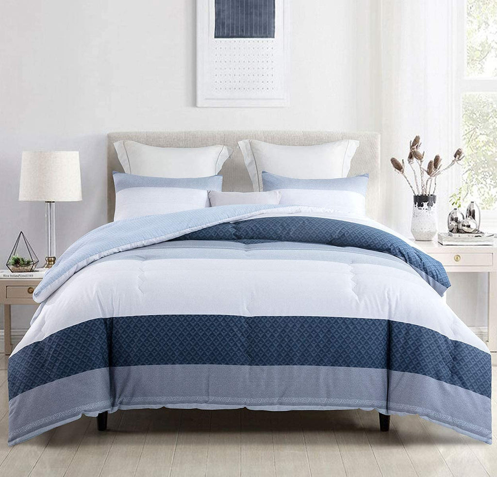 Sleepbella Comforter Twin Size, 600 Thread Count Cotton White And Navy Striped Patchwork Reversible Pattern Reversible Blue Comf