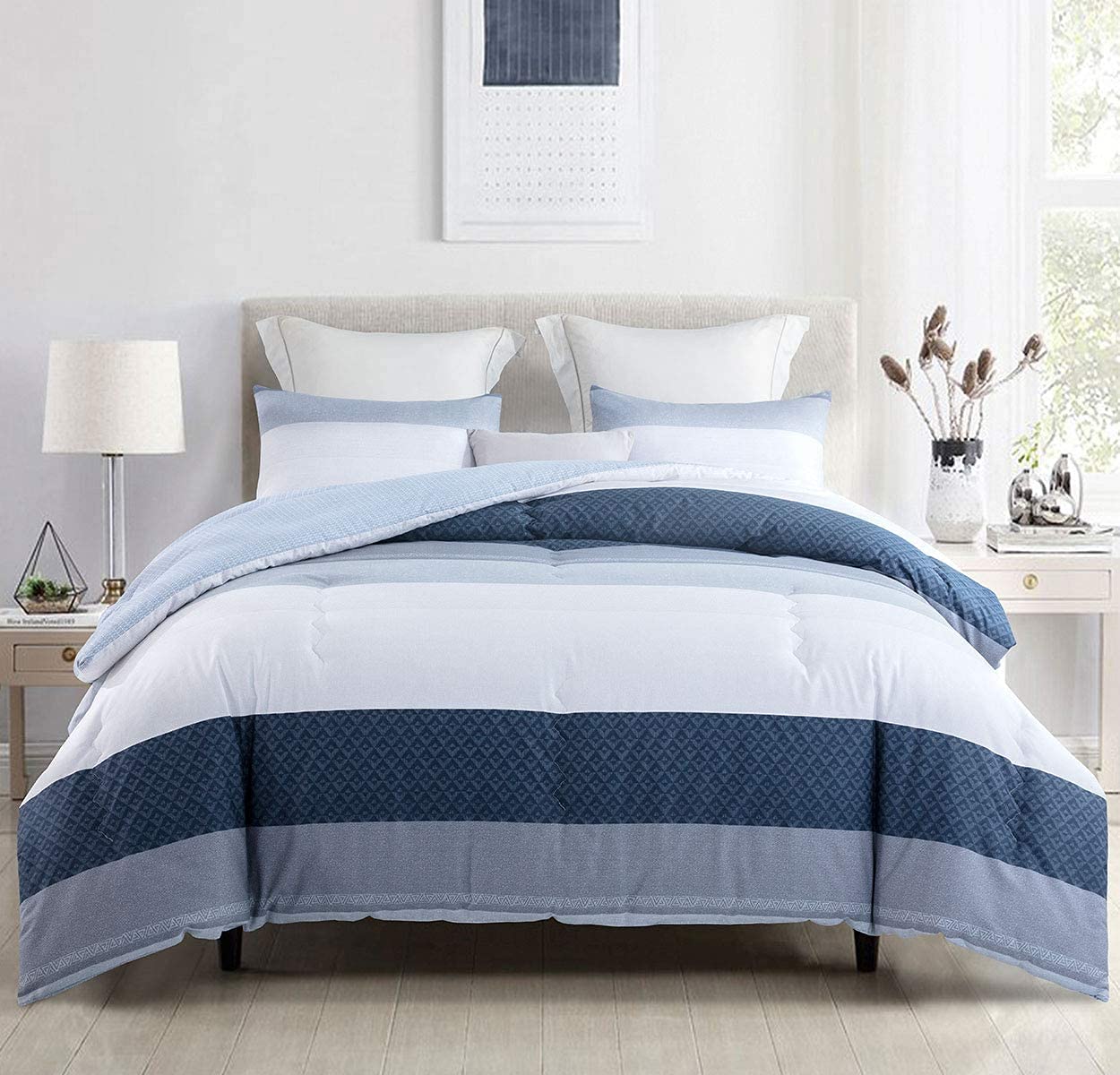 Sleepbella Comforter Twin Size, 600 Thread Count Cotton White And Navy Striped Patchwork Reversible Pattern Reversible Blue Comf