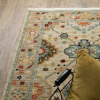 HomeRoots 509197 6 x 9 ft. Beige Pale Blue Rust Gold Tan Brown & Orange Oriental Power Loom Stain Resistant Rectangle Area Rug with Fringe