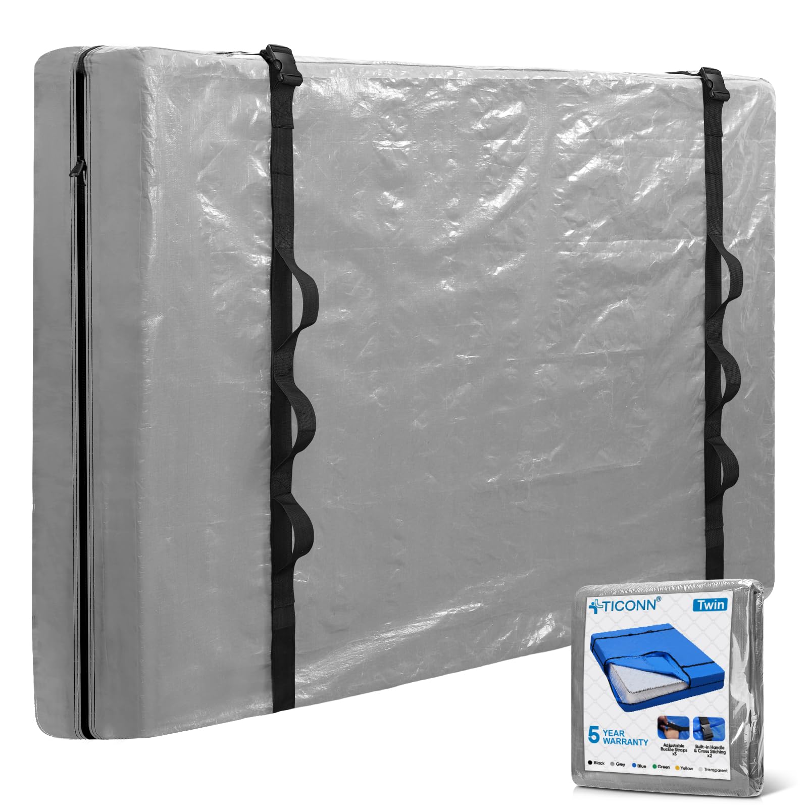 Ticonn Mattress Bags For Moving, Twin Mattress Cover For Moving, Heavy Duty, Full-Around Handle With Adjustable Buckles, Mattress Storage Bag & Moving Supplies (Gray, Twin)