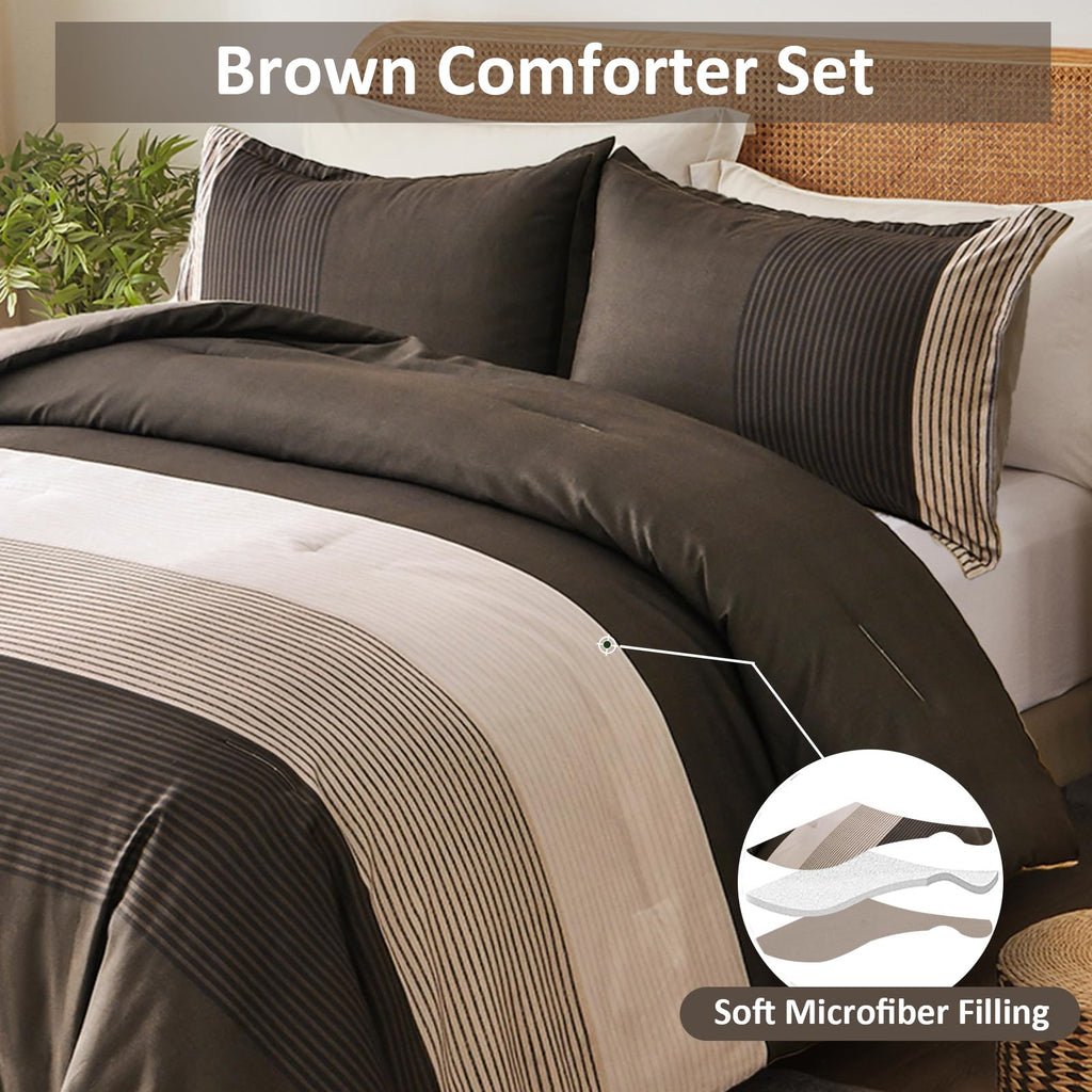 Brown Comforter Set King, Reversible Brown Striped Down Alternative Comforter For King Bed,3 Pieces (1 Comforter+2 Pillowcases),