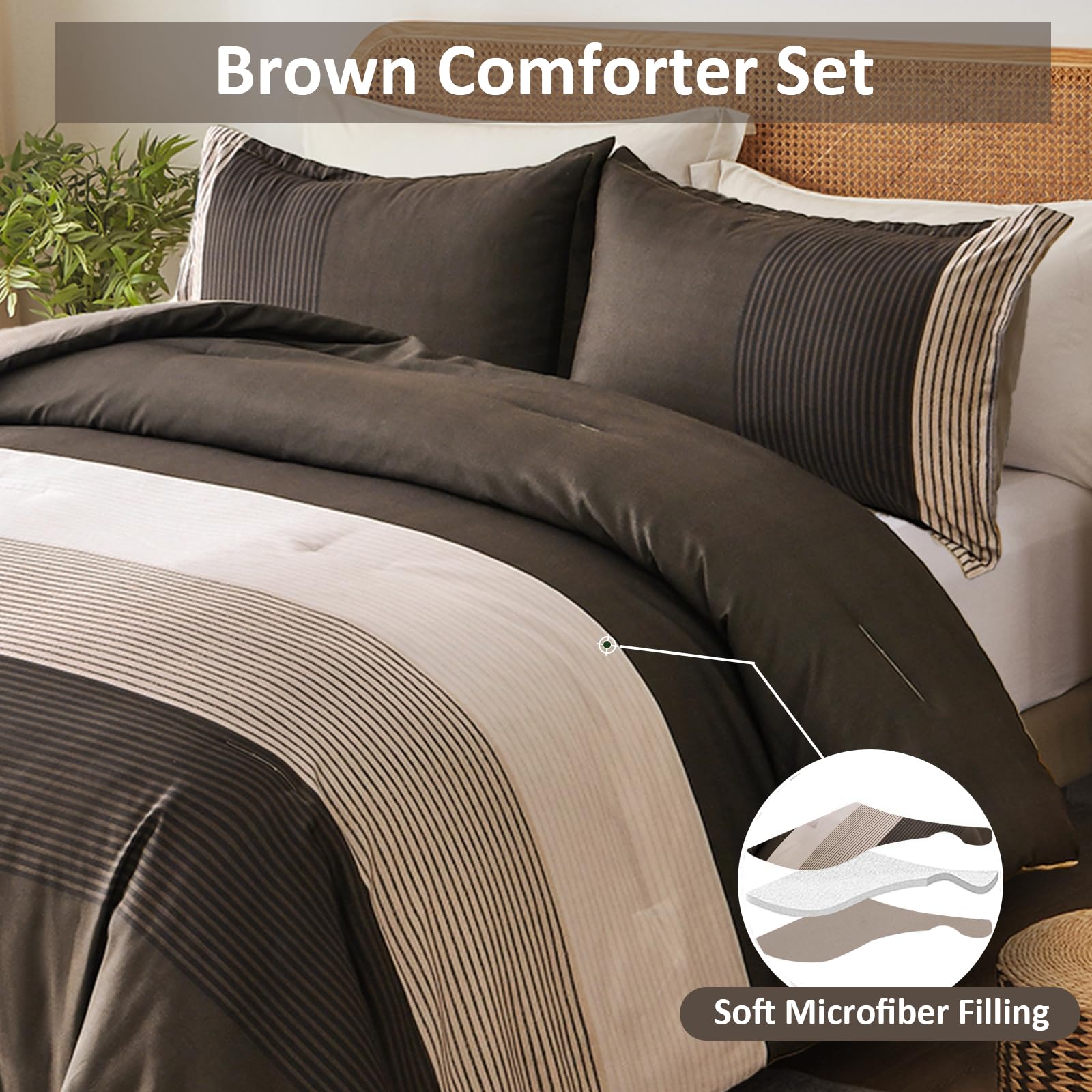 Brown Comforter Set King, Reversible Brown Striped Down Alternative Comforter For King Bed,3 Pieces (1 Comforter+2 Pillowcases),
